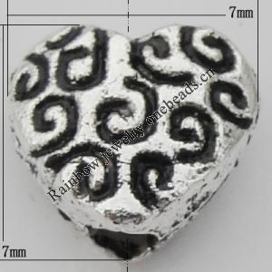 Bead Zinc Alloy Jewelry Findings Lead-free, Heart 7x7mm, Hole:1mm, Sold by Bag
