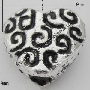 Bead Zinc Alloy Jewelry Findings Lead-free, Heart 9x9mm, Hole:1mm, Sold by Bag