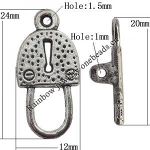 Clasp Zinc Alloy Jewelry Findings Lead-free, Loop:12x24mm, Bar:20x6mm Big Hole:1.5mm Small Hole:1mm, Sold by Bag