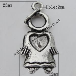 Pendant Zinc Alloy Jewelry Findings Lead-free, 12x25x6mm Hole:2mm, Sold by Bag