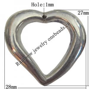 Jewelry findings, CCB plastic Pendant Platina Plated, Hollow Heart O:28x27mm I:19mm Hole:1mm, Sold by Bag