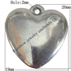 Jewelry findings, CCB plastic Pendant Platina Plated, Heart 20x19mm Hole:2mm, Sold by Bag