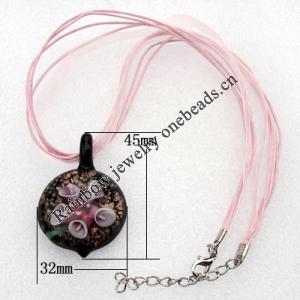 17-inch Lampwork Necklace, Wax Cord & Organza Ribbon Transparent & Inner Flower Lampwork Pendant, Leaf 45x32mm Sold by S