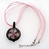 17-inch Lampwork Necklace, Wax Cord & Organza Ribbon Transparent & Inner Flower Lampwork Pendant, Leaf 45x32mm Sold by S