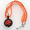 17-inch Lampwork Necklace, Wax Cord & Organza Ribbon Transparent & Inner Flower Lampwork Pendant, Leaf 45x32mm Sold by S