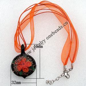 17-inch Lampwork Necklace, Wax Cord & Organza Ribbon Transparent & Inner Flower Lampwork Pendant, Leaf 45x32mm Sold by S