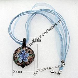 17-inch Lampwork Necklace, Wax Cord & Organza Ribbon Transparent & Inner Flower Lampwork Pendant, Leaf 45x32mm Sold by S