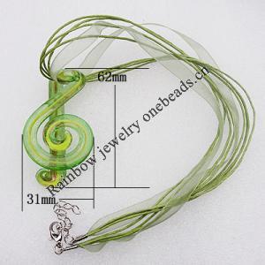 17-inch  Lampwork  Necklace, Wax Cord & Organza Ribbon Transparent & Inner Flower Lampwork Pendant, 62x31mm Sold by Stra