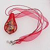 17-inch  Lampwork  Necklace, Wax Cord & Organza Ribbon Transparent & Inner Flower Lampwork Pendant, Leaf 61x34mm Sold by