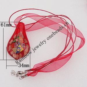 17-inch  Lampwork  Necklace, Wax Cord & Organza Ribbon Transparent & Inner Flower Lampwork Pendant, Leaf 61x34mm Sold by