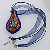 17-inch  Lampwork  Necklace, Wax Cord & Organza Ribbon Transparent & Inner Flower Lampwork Pendant, Leaf 61x34mm Sold by