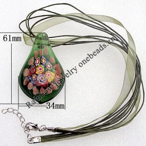 17-inch  Lampwork  Necklace, Wax Cord & Organza Ribbon Transparent & Inner Flower Lampwork Pendant, Leaf 61x34mm Sold by