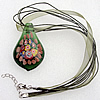 17-inch  Lampwork  Necklace, Wax Cord & Organza Ribbon Transparent & Inner Flower Lampwork Pendant, Leaf 61x34mm Sold by