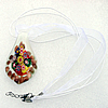 17-inch  Lampwork  Necklace, Wax Cord & Organza Ribbon Transparent & Inner Flower Lampwork Pendant, Leaf 61x34mm Sold by