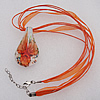 17-inch  Lampwork  Necklace, Wax Cord & Organza Ribbon Transparent & Inner Flower Lampwork Pendant, Leaf 55x29mm Sold by