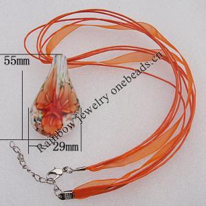 17-inch  Lampwork  Necklace, Wax Cord & Organza Ribbon Transparent & Inner Flower Lampwork Pendant, Leaf 55x29mm Sold by