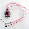 17-inch  Lampwork  Necklace, Wax Cord & Organza Ribbon Transparent & Inner Flower Lampwork Pendant, Leaf 55x29mm Sold by