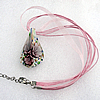 17-inch  Lampwork  Necklace, Wax Cord & Organza Ribbon Transparent & Inner Flower Lampwork Pendant, Leaf 55x29mm Sold by