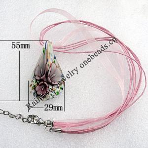 17-inch  Lampwork  Necklace, Wax Cord & Organza Ribbon Transparent & Inner Flower Lampwork Pendant, Leaf 55x29mm Sold by