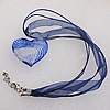 17-inch  Lampwork  Necklace, Wax Cord & Organza Ribbon Transparent & Blown Glass Lampwork Pendant, Heart 41x36mm Sold by