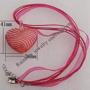 17-inch  Lampwork  Necklace, Wax Cord & Organza Ribbon Transparent & Blown Glass Lampwork Pendant, Heart 41x36mm Sold by