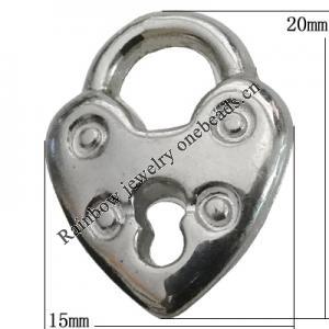 Jewelry findings, CCB plastic Pendant Platina Plated, Lock 20x15mm Hole:6mm, Sold by Bag