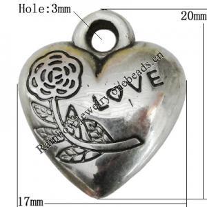 Jewelry findings, CCB plastic Pendant Anitique Silver, Heart 20x17mm Hole:3mm, Sold by Bag