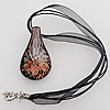 17-inch  Lampwork  Necklace, Wax Cord & Organza Ribbon Transparent & Inner Flower Lampwork Pendant, Leaf 58x31mm Sold by