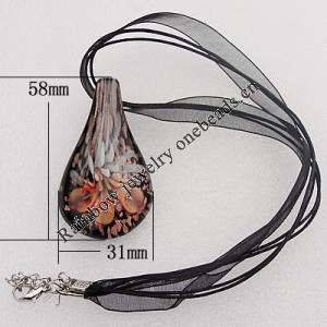 17-inch  Lampwork  Necklace, Wax Cord & Organza Ribbon Transparent & Inner Flower Lampwork Pendant, Leaf 58x31mm Sold by