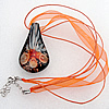 17-inch  Lampwork  Necklace, Wax Cord & Organza Ribbon Transparent & Inner Flower Lampwork Pendant, Leaf 58x31mm Sold by