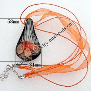 17-inch  Lampwork  Necklace, Wax Cord & Organza Ribbon Transparent & Inner Flower Lampwork Pendant, Leaf 58x31mm Sold by