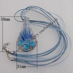 17-inch  Lampwork  Necklace, Wax Cord & Organza Ribbon Transparent & Inner Flower Lampwork Pendant, Leaf 58x31mm Sold by