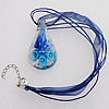 17-inch  Lampwork  Necklace, Wax Cord & Organza Ribbon Transparent & Inner Flower Lampwork Pendant, Leaf 58x31mm Sold by