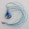 17-inch  Lampwork  Necklace, Wax Cord & Organza Ribbon Transparent & Inner Flower Lampwork Pendant, Leaf 58x31mm Sold by