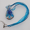 17-inch  Lampwork  Necklace, Wax Cord & Organza Ribbon Transparent & Inner Flower Lampwork Pendant, Leaf 58x31mm Sold by