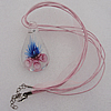 17-inch  Lampwork  Necklace, Wax Cord & Organza Ribbon Transparent & Inner Flower Lampwork Pendant, Leaf 58x31mm Sold by