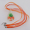 17-inch  Lampwork  Necklace, Wax Cord & Organza Ribbon Transparent & Inner Flower Lampwork Pendant, Leaf 58x31mm Sold by