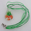 17-inch  Lampwork  Necklace, Wax Cord & Organza Ribbon Transparent & Inner Flower Lampwork Pendant, Leaf 58x31mm Sold by