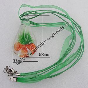 17-inch  Lampwork  Necklace, Wax Cord & Organza Ribbon Transparent & Inner Flower Lampwork Pendant, Leaf 58x31mm Sold by