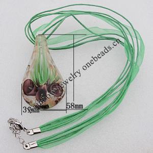 17-inch  Lampwork  Necklace, Wax Cord & Organza Ribbon Transparent & Inner Flower Lampwork Pendant, Leaf 58x31mm Sold by