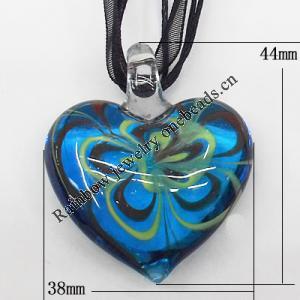 17-inch Lampwork Necklaces, Wax Cord & Organza Ribbon Transparent & Lampwork Pendant, 44x38mm, Sold by Strand