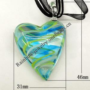 17-inch Lampwork Necklaces, Wax Cord & Organza Ribbon Transparent & Lampwork Pendant, 46x31mm, Sold by Strand