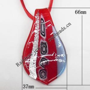 17-inch Lampwork Necklaces, Wax Cord & Organza Ribbon Transparent & Lampwork Pendant, 66x37mm, Sold by Strand