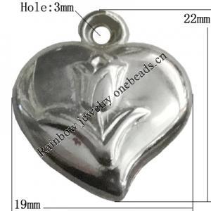 Jewelry findings, CCB plastic Pendant Platina Plated, Heart 22x19mm Hole:3mm, Sold by Bag