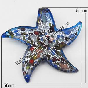 Silver Foil Lampwork Pendant, Star 51x56mm Hole:8mm, Sold by PC