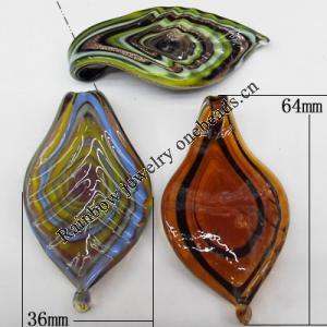 Gold Sand Lampwork Pendant,Leaf 64x36mm, Hole:8mm, Sold by PC