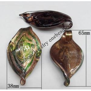 Gold Sand Lampwork Pendant,Leaf 65x38mm, Hole:8mm, Sold by PC