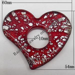 Silver Foil Lampwork Pendant, Heart 54x60mm, Hole:18mm, Sold by PC