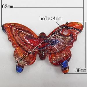 Gold Sand Lampwork Pendant,Butterfly 38x62mm, Hole:4mm, Sold by PC
