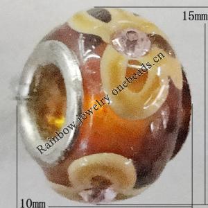 Handmade European Style Lampwork Beads With Platinum Color Copper Core And Rhinestone, 10x14mm Hole:5mm, Sold by PC